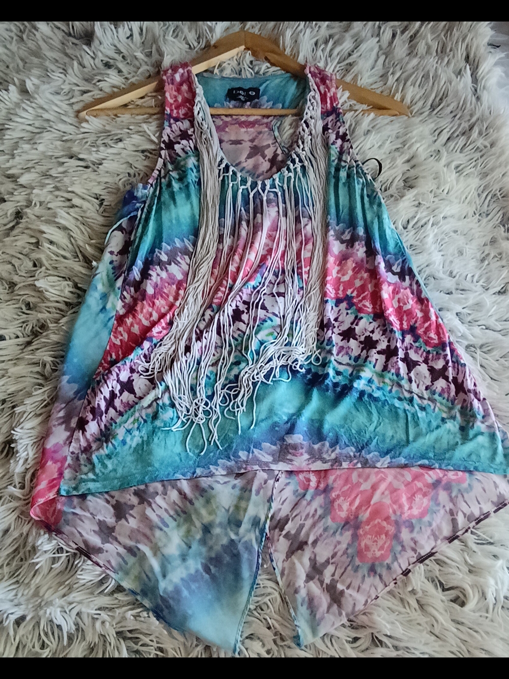 bebe Multicolor Tie-Dye Fringe Tank Top